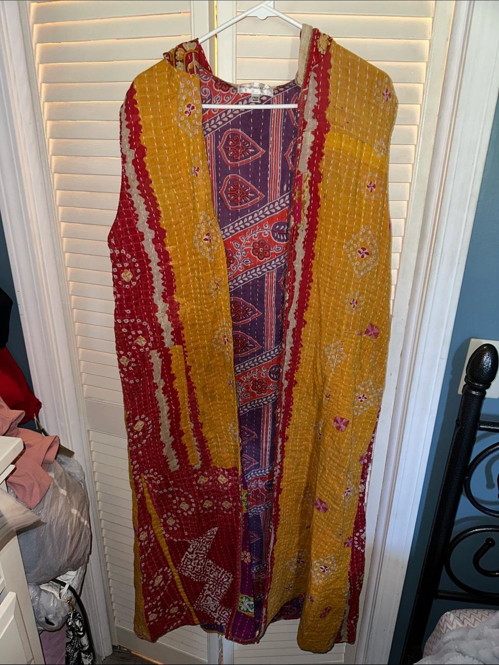 Boho Patchwork Long Kimono Vest in Mustard & Red